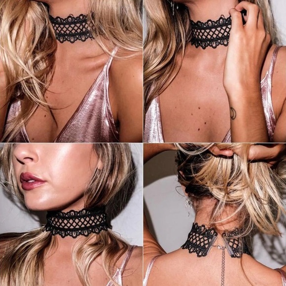 Black Crochet Lace Wide Choker - Picture 2 of 6